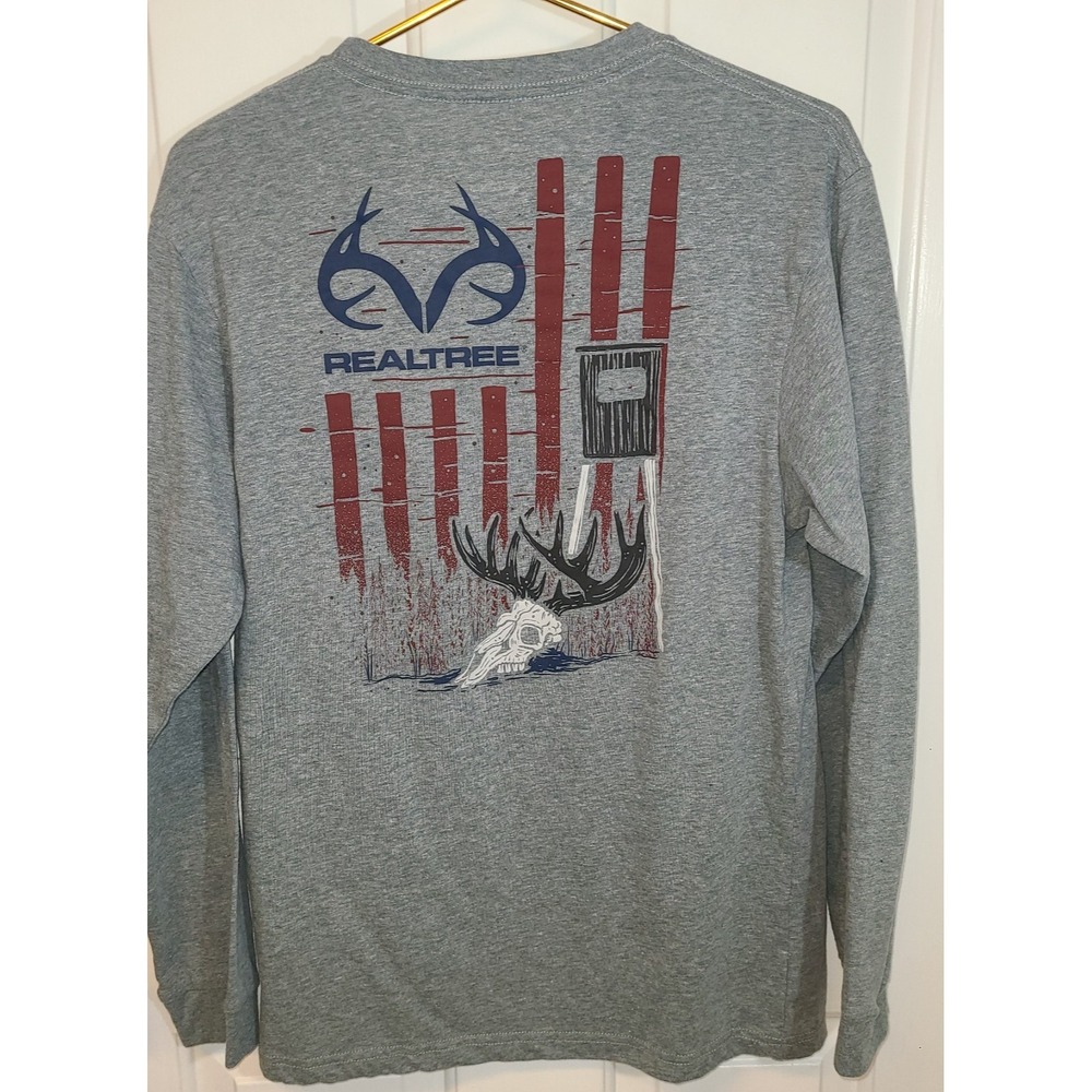 REALTREE Gray LONG SLEEVE T-SHIRT Red White Blue Patriotic Sz Med Deer Hunter